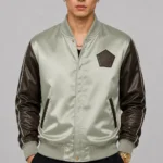Crane Embroidered Sage Satin Leather Sleeve Letterman Varsity Jacket
