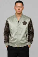 Crane Embroidered Sage Satin Leather Sleeve Letterman Varsity Jacket