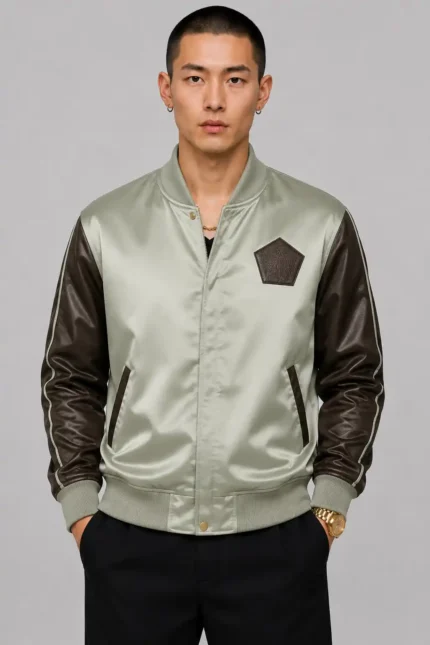 Crane Embroidered Sage Satin Leather Sleeve Letterman Varsity Jacket