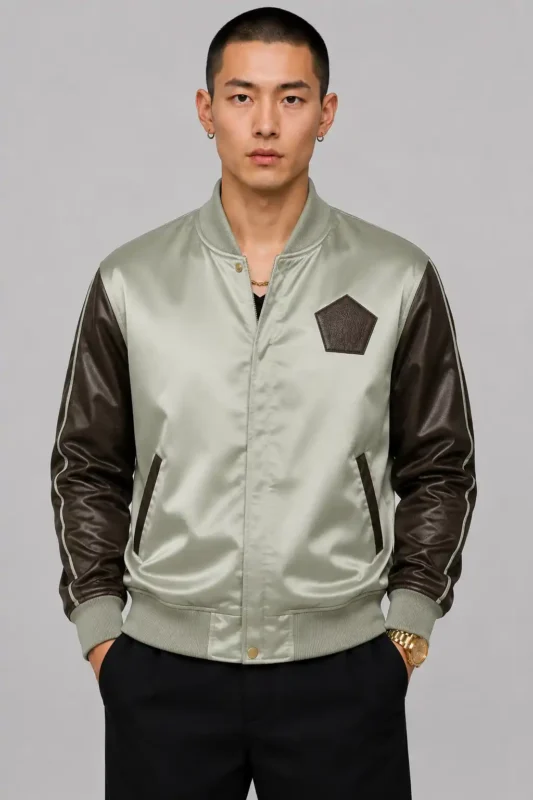 Crane Embroidered Sage Satin Leather Sleeve Letterman Varsity Jacket