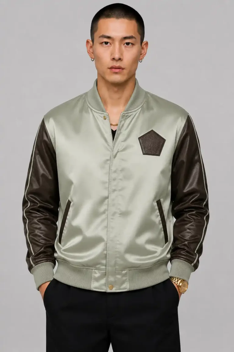 Crane Embroidered Sage Satin Leather Sleeve Letterman Varsity Jacket