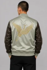 Crane Embroidered Sage Satin Leather Sleeve Letterman Varsity Jacket For Sale