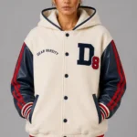 Cream Wool Navy Leather Hooded Letterman Varsity Jacket