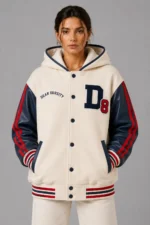 Cream Wool Navy Leather Hooded Letterman Varsity Jacket
