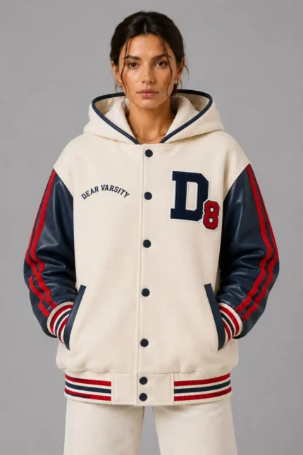 Cream Wool Navy Leather Hooded Letterman Varsity Jacket