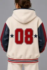 Cream Wool Navy Leather Hooded Letterman Varsity Jacket For Sale