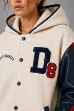 Cream Wool Navy Leather Hooded Letterman Varsity Jacket On Sale