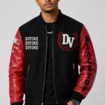 Divine Black Wool Leather Red Letterman Varsity Jacket