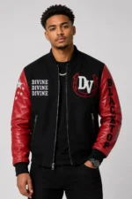 Divine Black Wool Leather Red Letterman Varsity Jacket