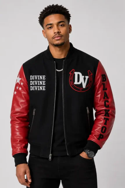 Divine Black Wool Leather Red Letterman Varsity Jacket