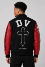 Divine Black Wool Leather Red Letterman Varsity Jacket For Sale
