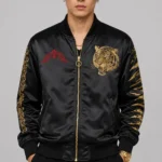 Dragon Tiger Embroidered Black Satin Letterman Varsity Jacket