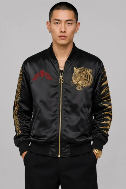Dragon Tiger Embroidered Black Satin Letterman Varsity Jacket