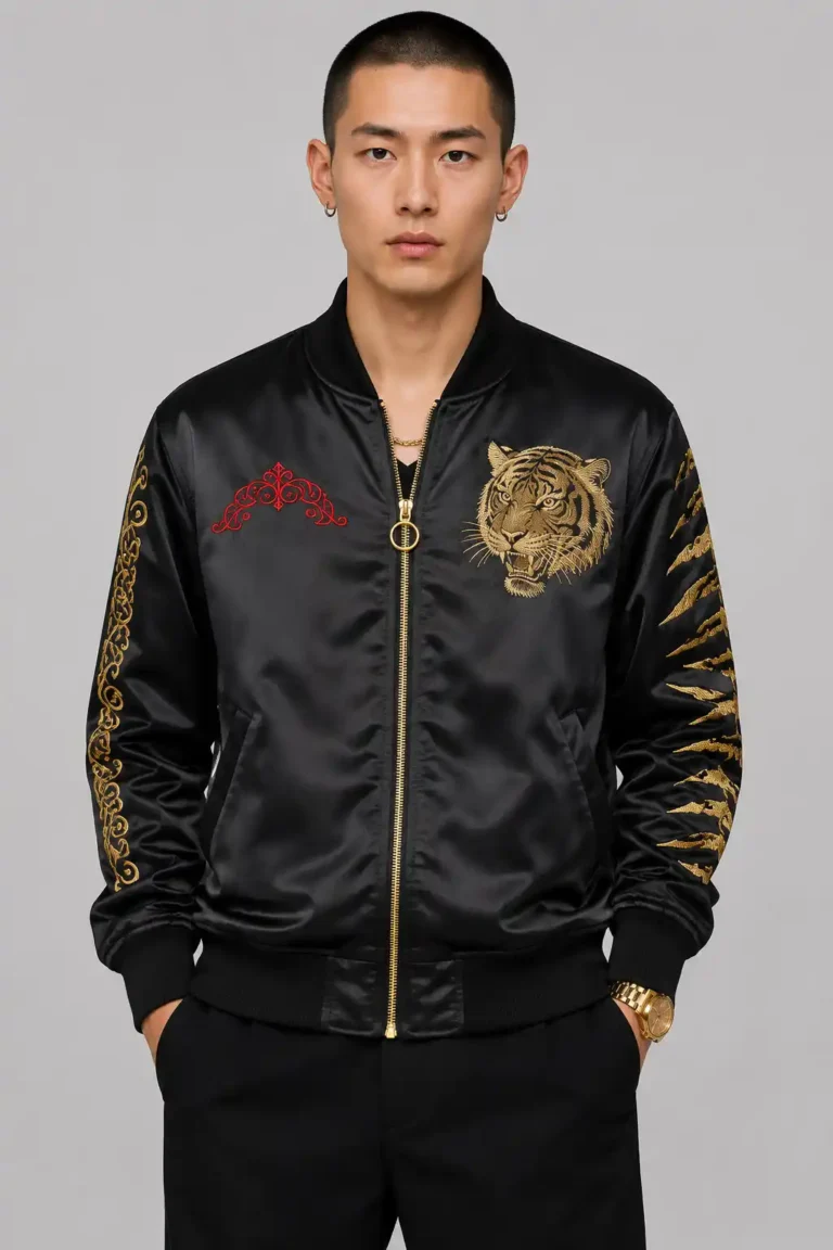 Dragon Tiger Embroidered Black Satin Letterman Varsity Jacket