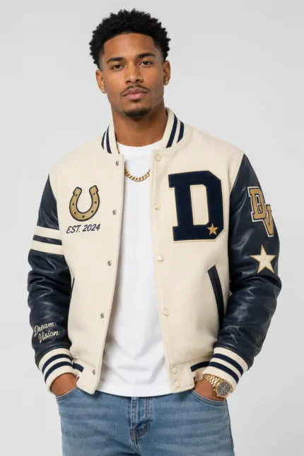 Dream Cream Wool Leather Navy Letterman Varsity Jacket