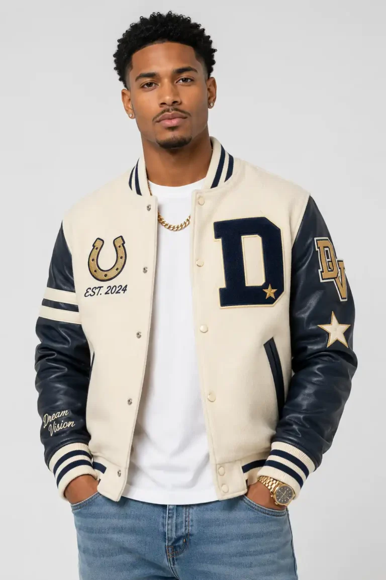 Dream Cream Wool Leather Navy Letterman Varsity Jacket