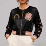 Floral Butterfly Embroidered Black Satin Letterman Varsity Jacket