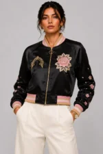 Floral Butterfly Embroidered Black Satin Letterman Varsity Jacket