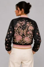 Floral Butterfly Embroidered Black Satin Letterman Varsity Jacket For Sale