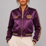 Floral Embroidered Lightweight Satin Letterman Varsity Jacket