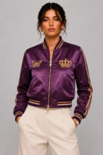 Floral Embroidered Lightweight Satin Letterman Varsity Jacket