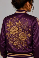 Floral Embroidered Lightweight Satin Letterman Varsity Jacket For Sale