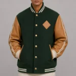 Forest Green Wool Tan Leather Letterman Varsity Jacket Men