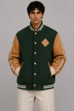 Forest Green Wool Tan Leather Letterman Varsity Jacket Men