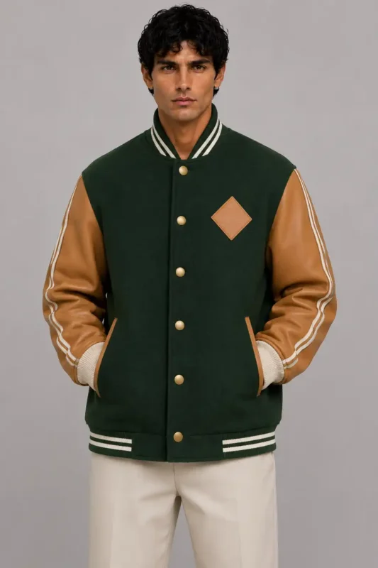 Forest Green Wool Tan Leather Letterman Varsity Jacket Men