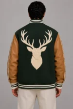 Forest Green Wool Tan Leather Letterman Varsity Jacket Men For Sale