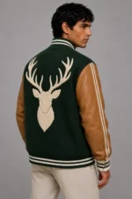 Forest Green Wool Tan Leather Letterman Varsity Jacket Men On Sale