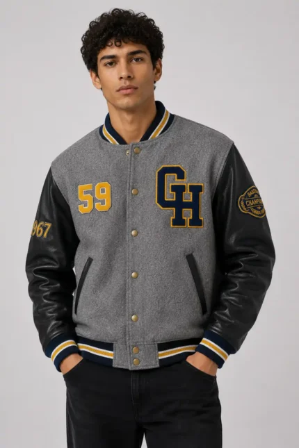 Gray Heritage Exclusive Varsity Jacket Grey Wool Black Leather