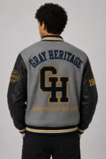 Gray Heritage Exclusive Varsity Jacket Grey Wool Black Leather For Sale