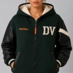 Green Wool Black Leather Hooded Letterman Varsity Jacket