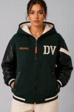Green Wool Black Leather Hooded Letterman Varsity Jacket