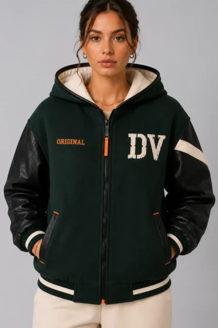 Green Wool Black Leather Hooded Letterman Varsity Jacket