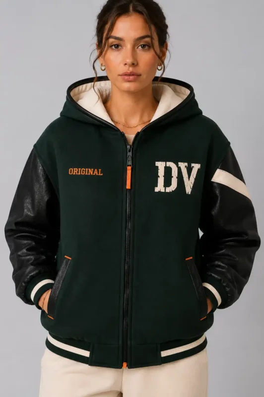Green Wool Black Leather Hooded Letterman Varsity Jacket