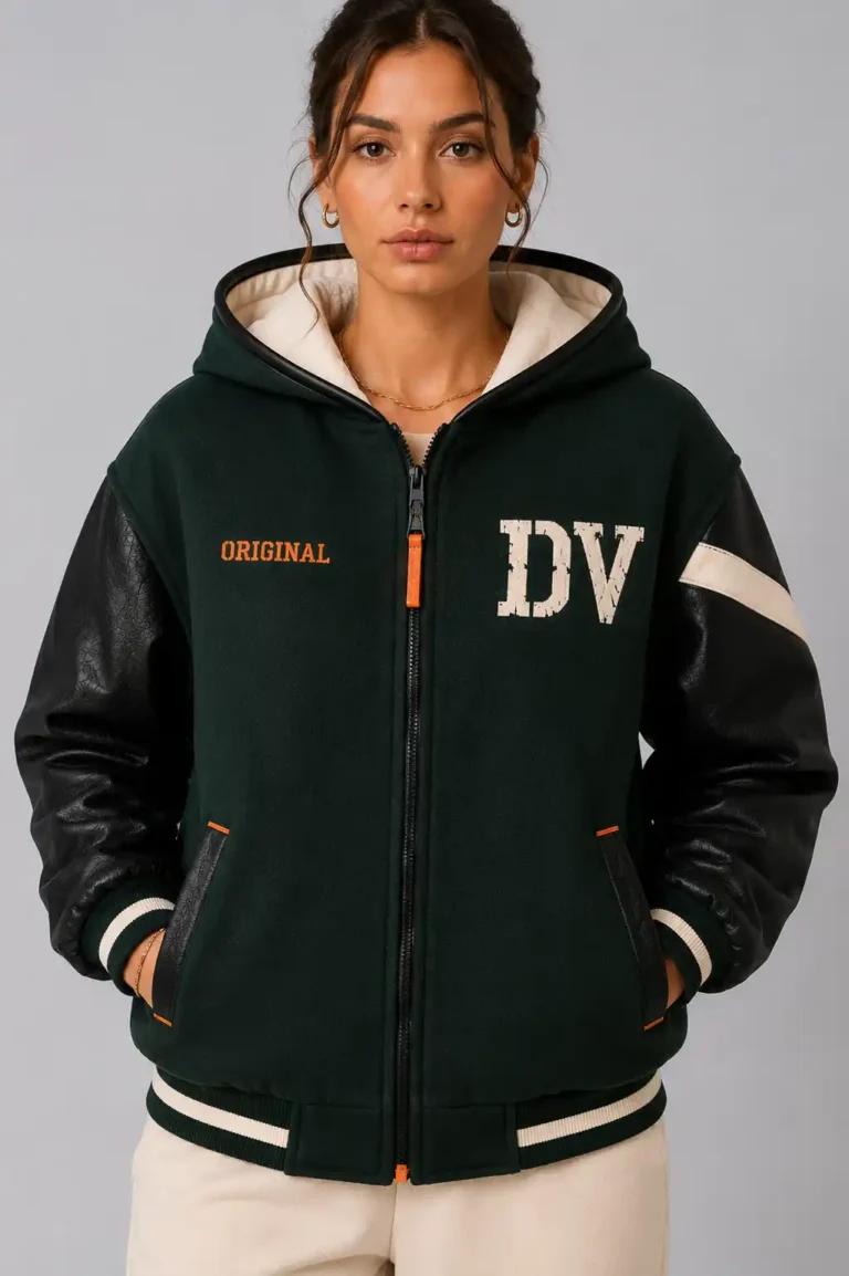Green Wool Black Leather Hooded Letterman Varsity Jacket