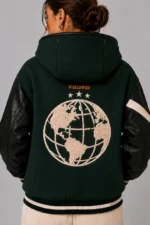 Green Wool Black Leather Hooded Letterman Varsity Jacket For Sale