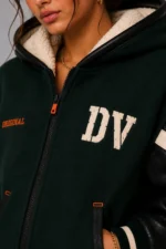 Green Wool Black Leather Hooded Letterman Varsity Jacket On Sale
