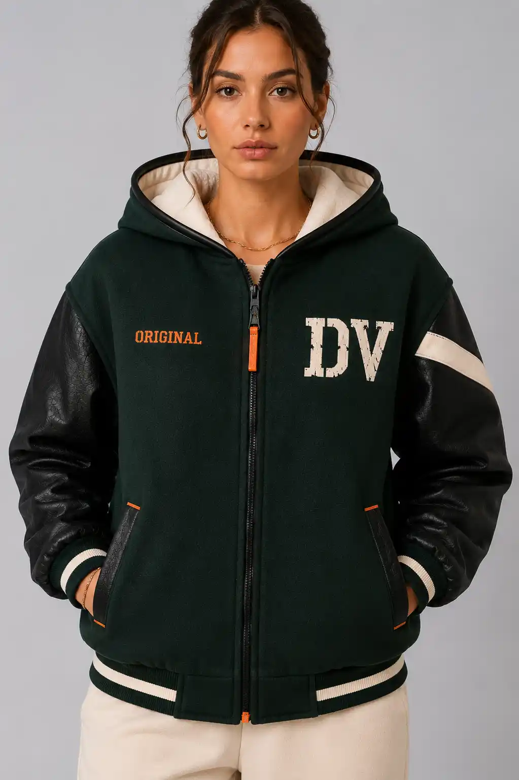 Green Wool Black Leather Hooded Letterman Varsity Jacket Green Wool Black Leather Hooded Letterman Varsity Jacket