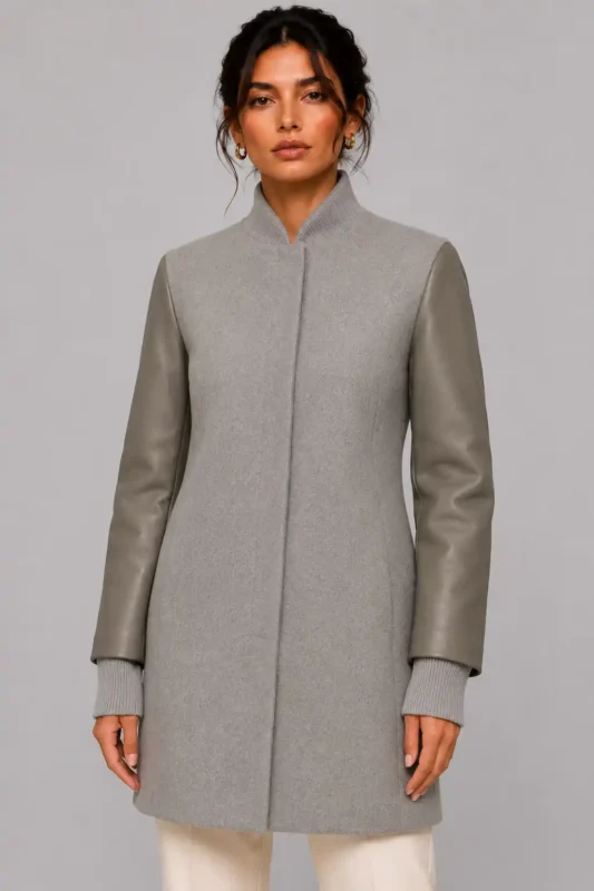 Grey Wool Leather Longline Letterman Varsity Jacket Women