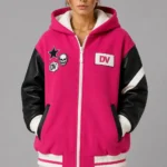 Hot Pink and Black Hooded Wool and Leather Varsity Jacket