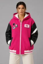 Hot Pink and Black Hooded Wool and Leather Varsity Jacket