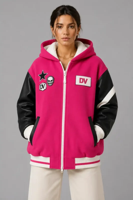 Hot Pink and Black Hooded Wool and Leather Varsity Jacket