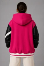 Hot Pink and Black Hooded Wool and Leather Varsity Jacket For Sale