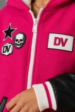 Hot Pink and Black Hooded Wool and Leather Varsity Jacket On Sale