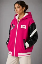 Hot Pink and Black Hooded Wool and Leather Varsity Jacket for Women's