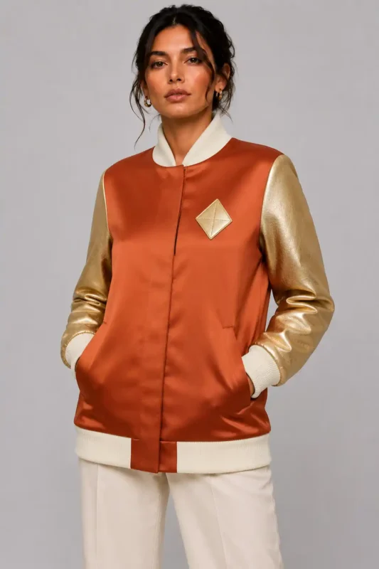 Magnolia Embroidered Terracotta Duchess Satin Letterman Varsity Jacket