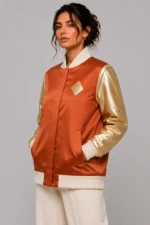 Magnolia Embroidered Terracotta Duchess Satin Letterman Varsity Jacket For Sale